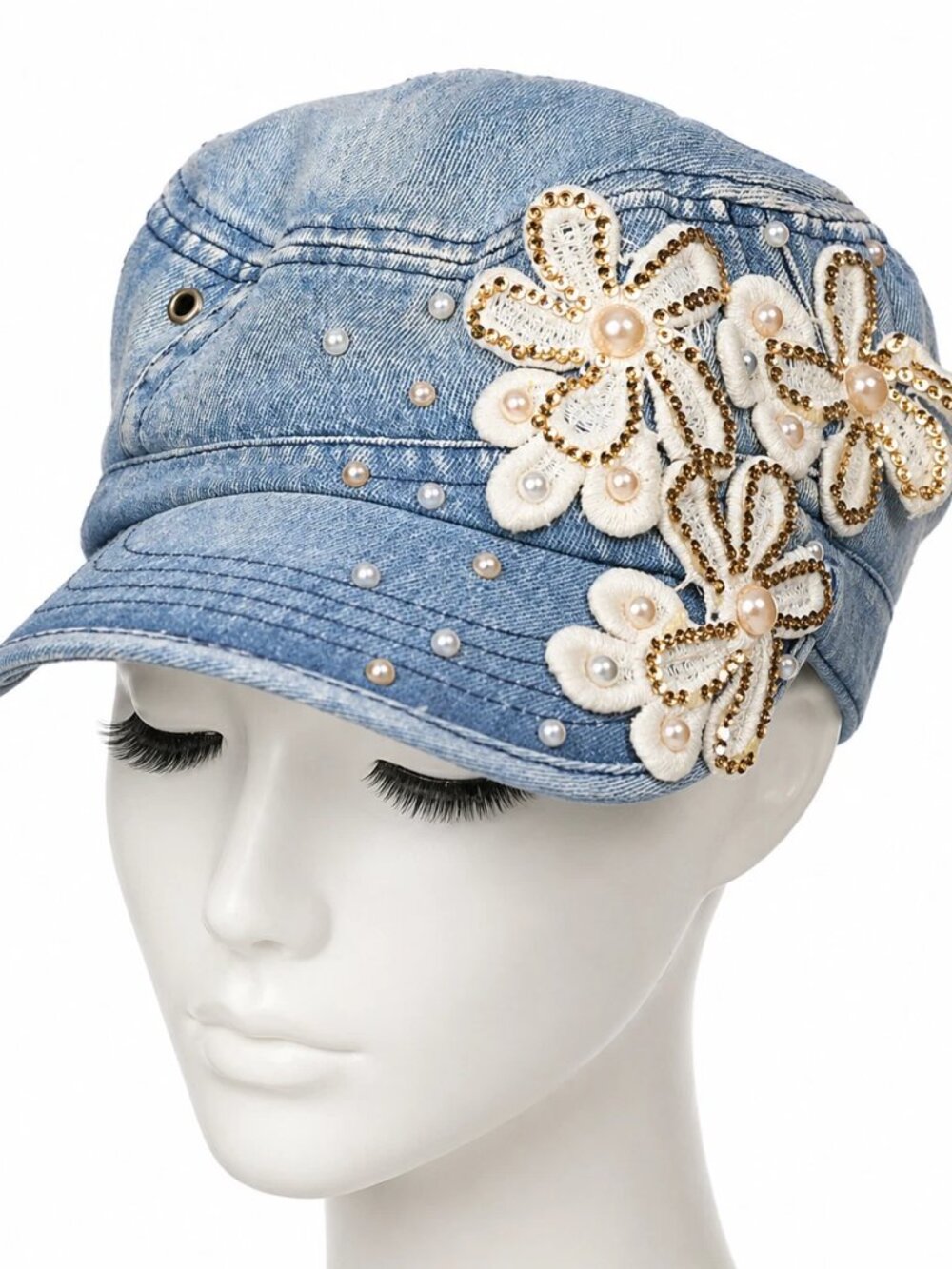 Modern Denim Engineer Railroad Conductor Cap Hat Floral Embellished Pearls EUC